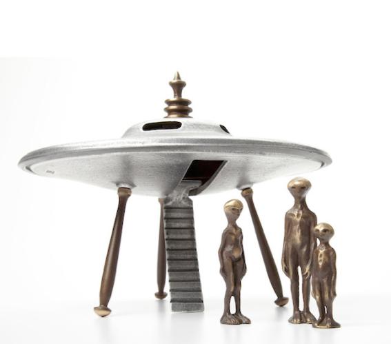 SOLD - Flying Saucer with Alien Family by Scott Nelles